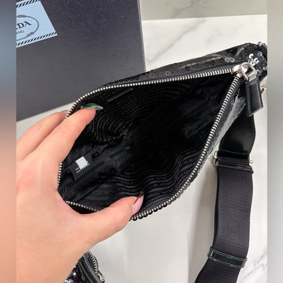 🔥NEW! RARE!! PRADA•Sequin Triangle Crossbody Bag Black - Picture 7 of 10